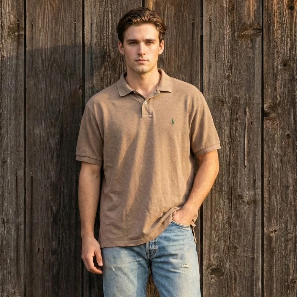 Vintage Polo Ralph Lauren Shirt‎ Mens Large Tan Pique Knit Cotton Preppy 90s